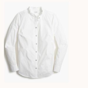 J.Crew ** White Cotton Poplin Ruffle Collar Button-up Shirt Rhinestone Buttons